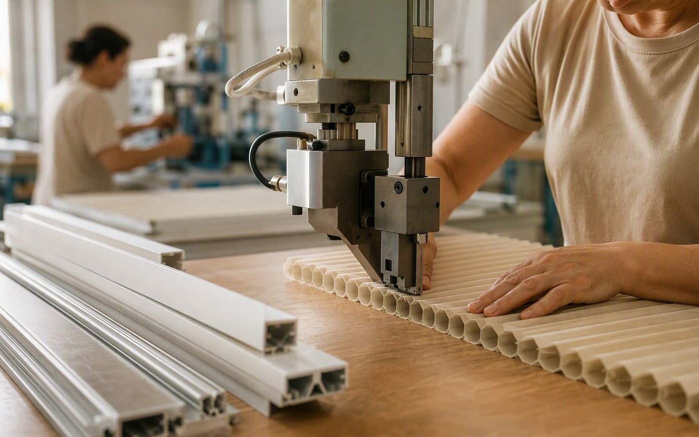 Maschineller Zuschnitt eines Wabenplissees im Atelier